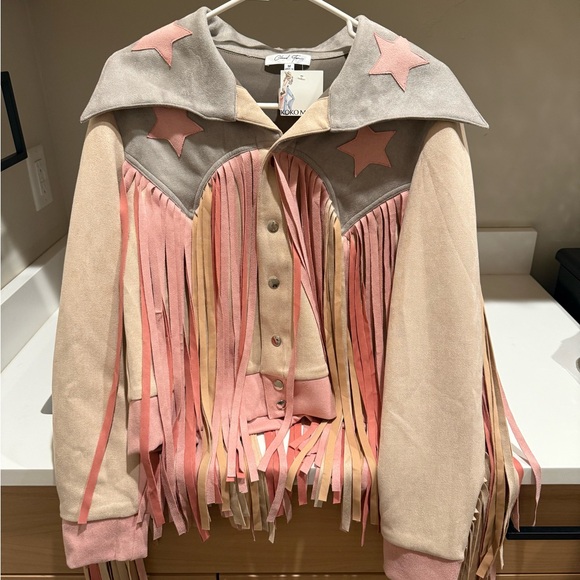 Cloud Ten Jackets & Blazers - Cowgirl Kim Women's Fringe Jacket - Pink and Tan